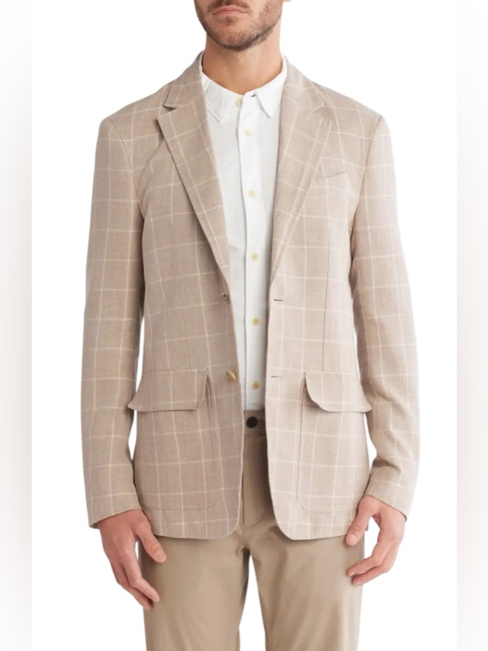 Faherty Beige Linen Cotton Windowpane Blazer
